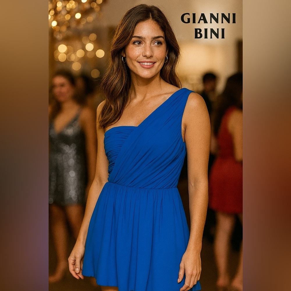 Gianni Bini Blue One Shoulder Pleated bubble Dress Prom Party hoco homecoming 8